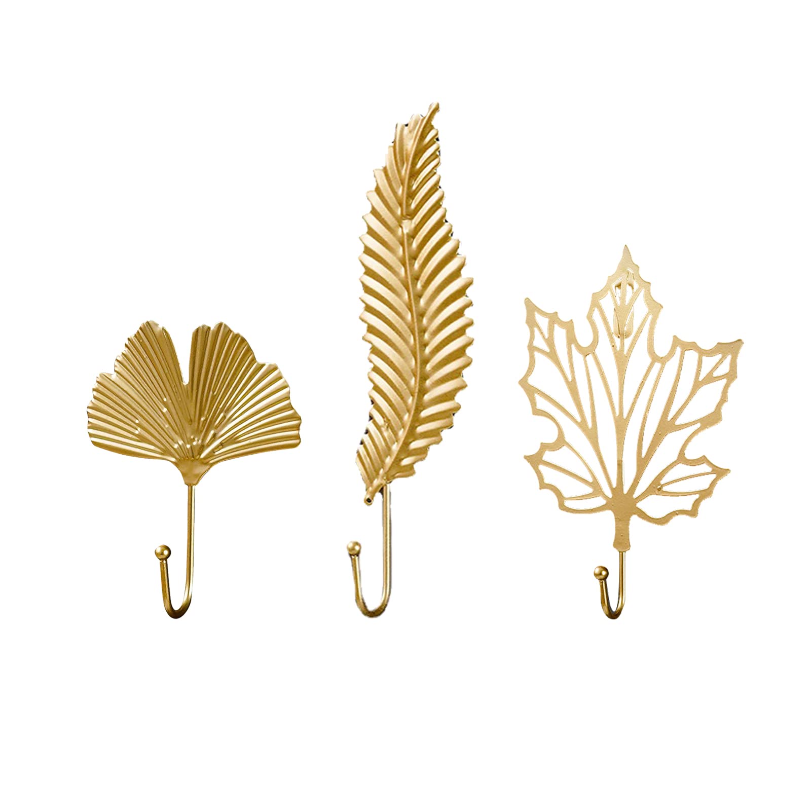 Gold Leaf Shaped Wrought Iron Wall Hooks (3-Pack) - Decorative Feather Metal Hangers for Clothes, Hats, Bags & Home Organization - Perfect for Bedroom, Entryway & Closet Storage