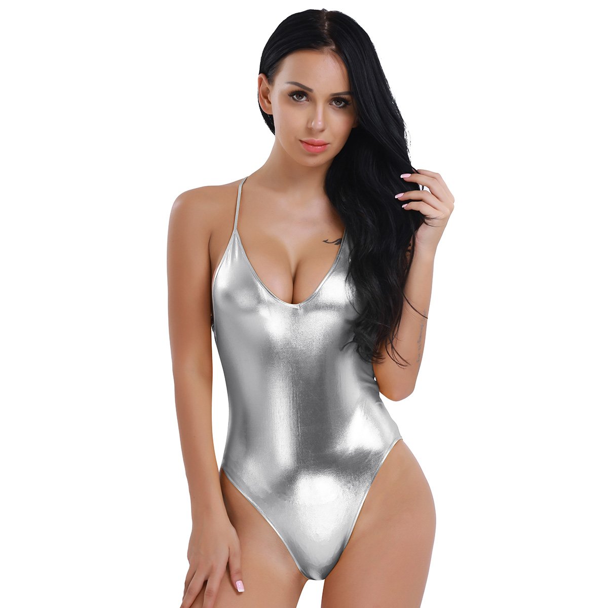 FEESHOW Women's Metallic Camisole Dance Leotard Bodysuit - Sexy One Piece Swimsuit for Performance, Yoga & Beachwear | Shiny Glamorous Outfit for Dance, Gym & Pool Party