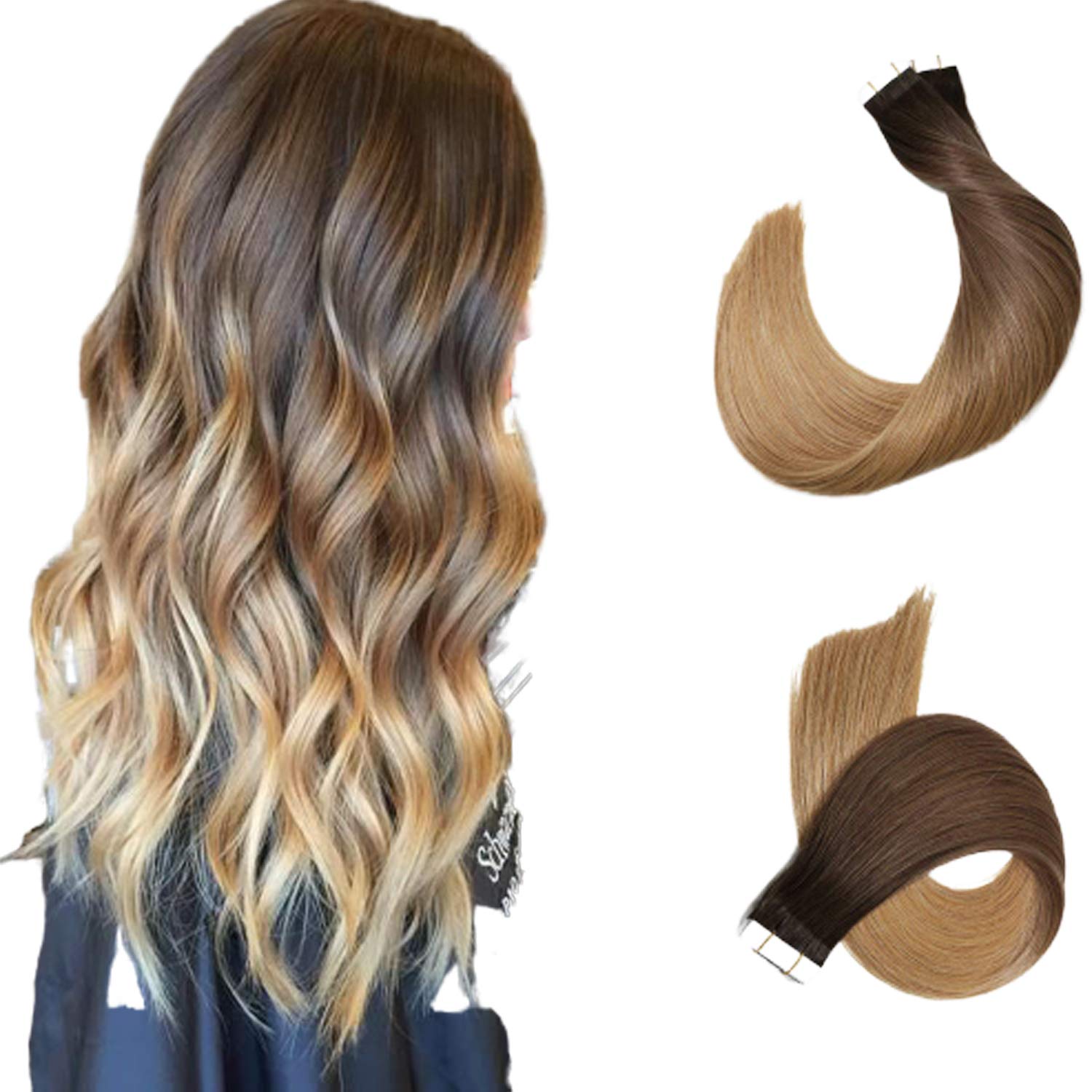 20 Pieces Tape in Hair Extensions 14 Inch 50g - Ombre Brown Highlights Human Hair - Invisible Seamless Extensions for Volume & Length - Perfect for Weddings, Parties & Daily Styling