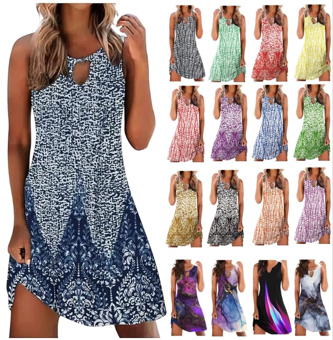 Lenago Women's Boho Floral Sundress - Trendy Sleeveless Summer Dress with Pockets for Vacation & Beach