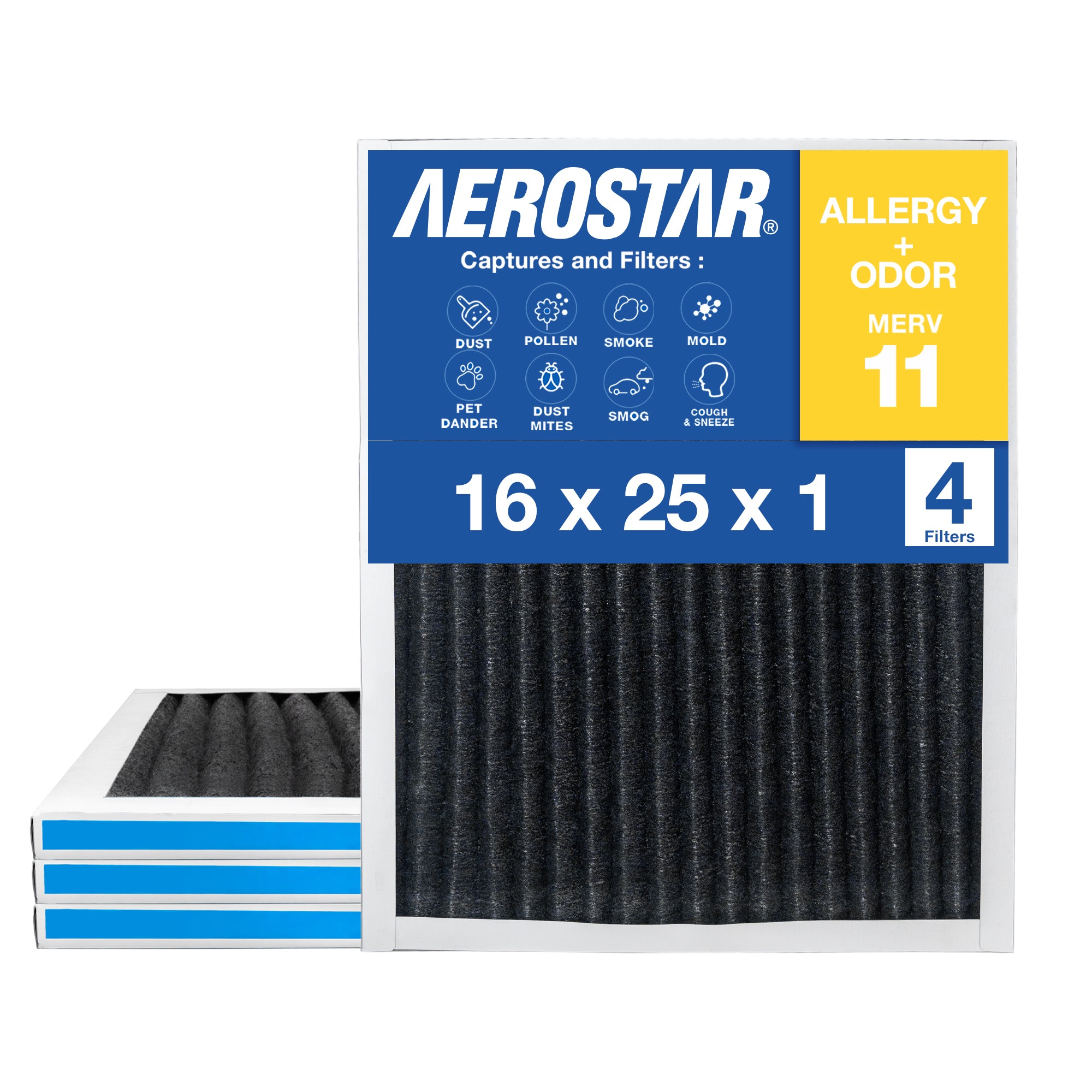 16x25x1 MERV 11 Air Filter with Carbon - Premium HVAC Furnace AC Replacement Filter for Home & Office - Traps Dust, Pollen, Pet Dander & Odors