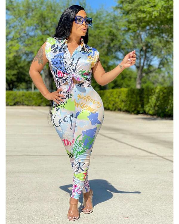 Trendy Graffiti Blue 2-Piece Pant Set for Women | Casual Streetwear Outfit | Perfect for Urban Fashion, Weekend Wear & Instagram Outfits