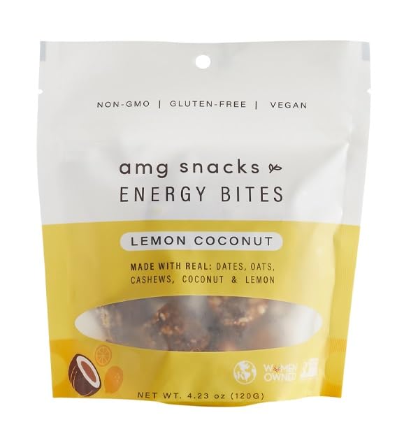 AMG Snacks Lemon Coconut Energy Bites - 4.3oz Pack of 6 (72 Bites) | Vegan Protein Bars with Dates & Nuts | Non-GMO, Gluten Free, All Natural Ingredients | Perfect for Hiking, Workouts & Healthy On-the-Go Snacking