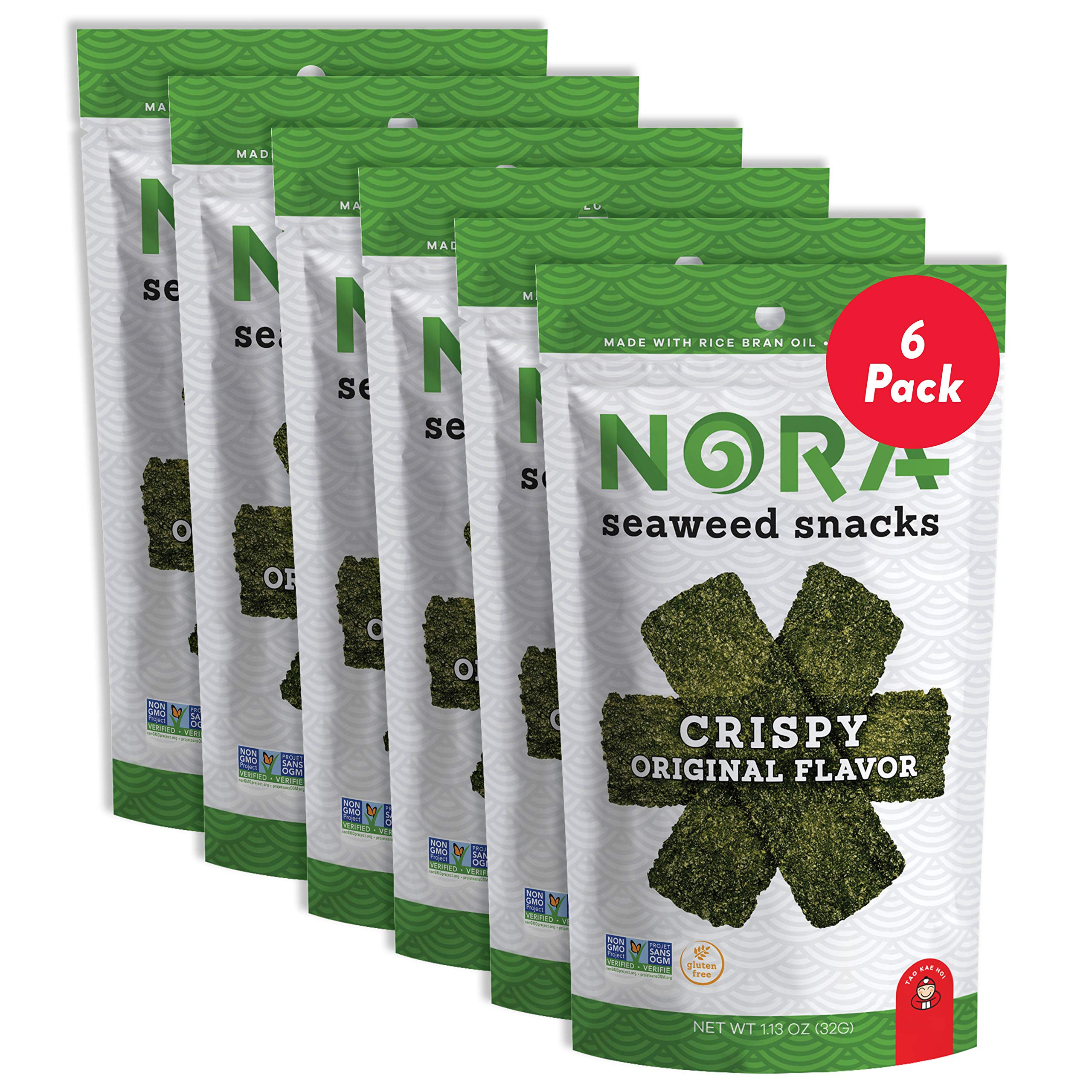 Crispy Seaweed Snacks by Nora - Low Carb Healthy Vegan Snacks, Gluten-Free Non-GMO Thick Nori Sheets (6-Pack) - Perfect for Keto Diet, Office Snacking & Asian Cuisine Lovers