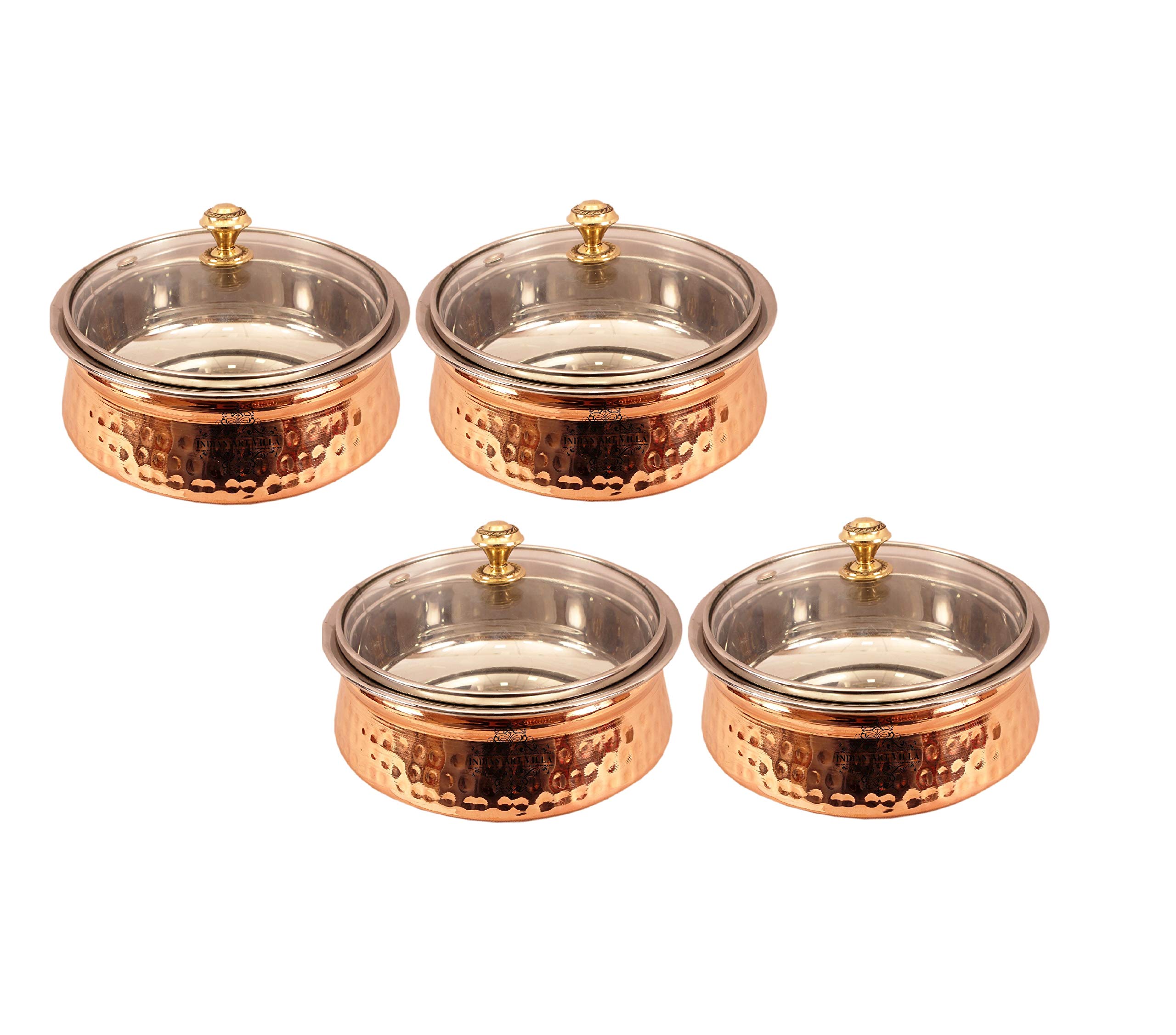 Premium Indian Handi Pot Set of 4 - 25oz Steel & Copper Serving Bowl with Glass Lid for Chicken Biryani, Vegetables, Curries - Elegant Home, Hotel & Restaurant Tableware for Authentic Dining Experience