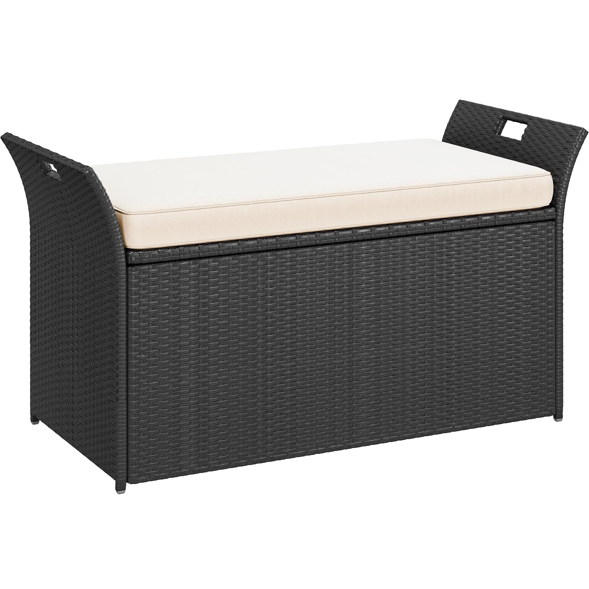 YITAHOME 90 Gallon Outdoor Wicker Storage Bench with Cushion - Large PE Rattan Deck Storage Box with Handles & Hydraulic Lift for Patio Furniture, Garden Tools, Pool Accessories | Weatherproof & Stylish Black & Beige Design for Backyard, Deck, or Poolside Organization