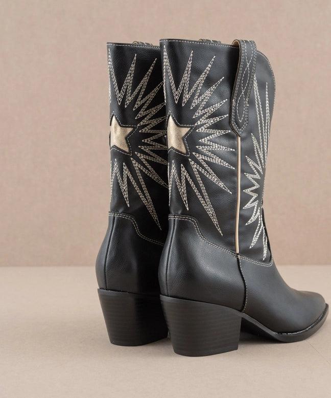 Bristol Black Star Burst Western Boots for Women - Stylish Cowgirl Boots with Embroidered Design - Perfect for Country Dancing, Rodeo, and Western Fashion
