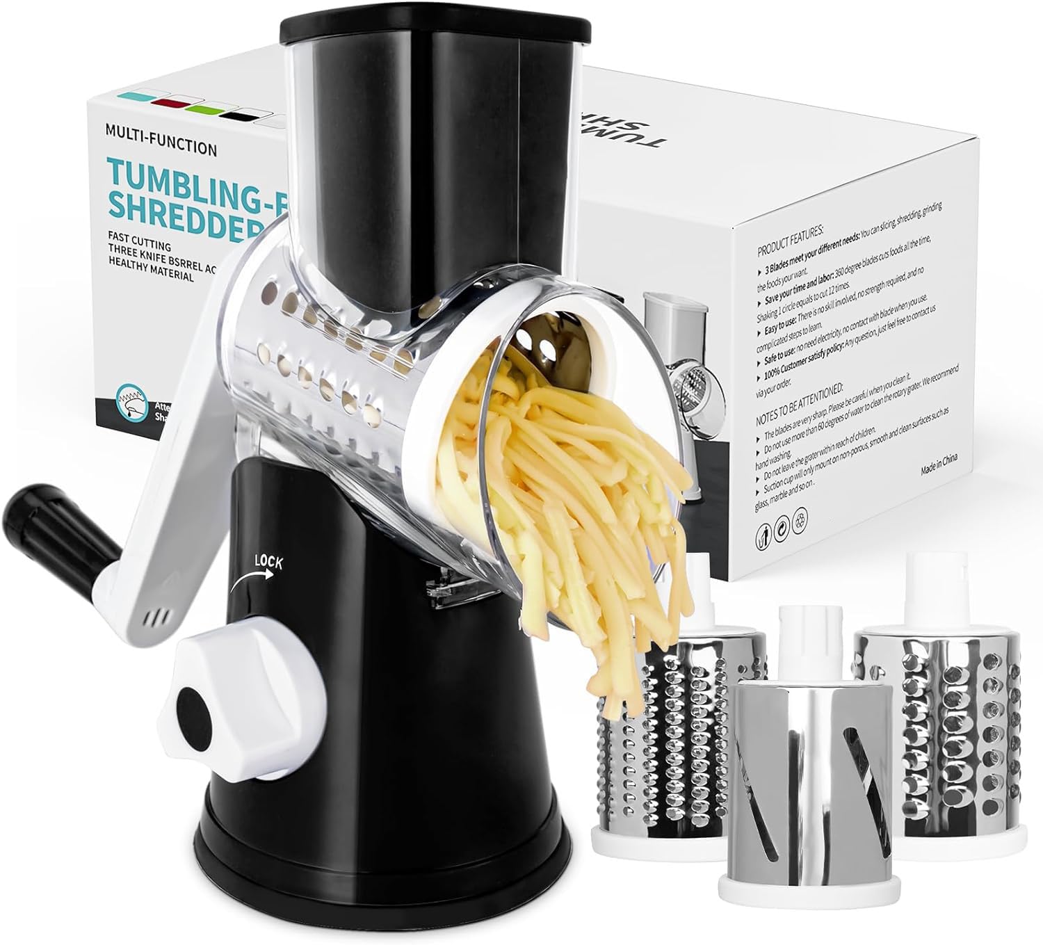 Premium Rotary Cheese Grater for Kitchen - 3 Interchangeable Blades Shredder with Ergonomic Handle & Strong Suction Base - Perfect for Cheese, Vegetables, Fruits, Nuts - Easy to Use & Clean - Ideal for Pizza Topping, Salad Prep & Baking (Black)