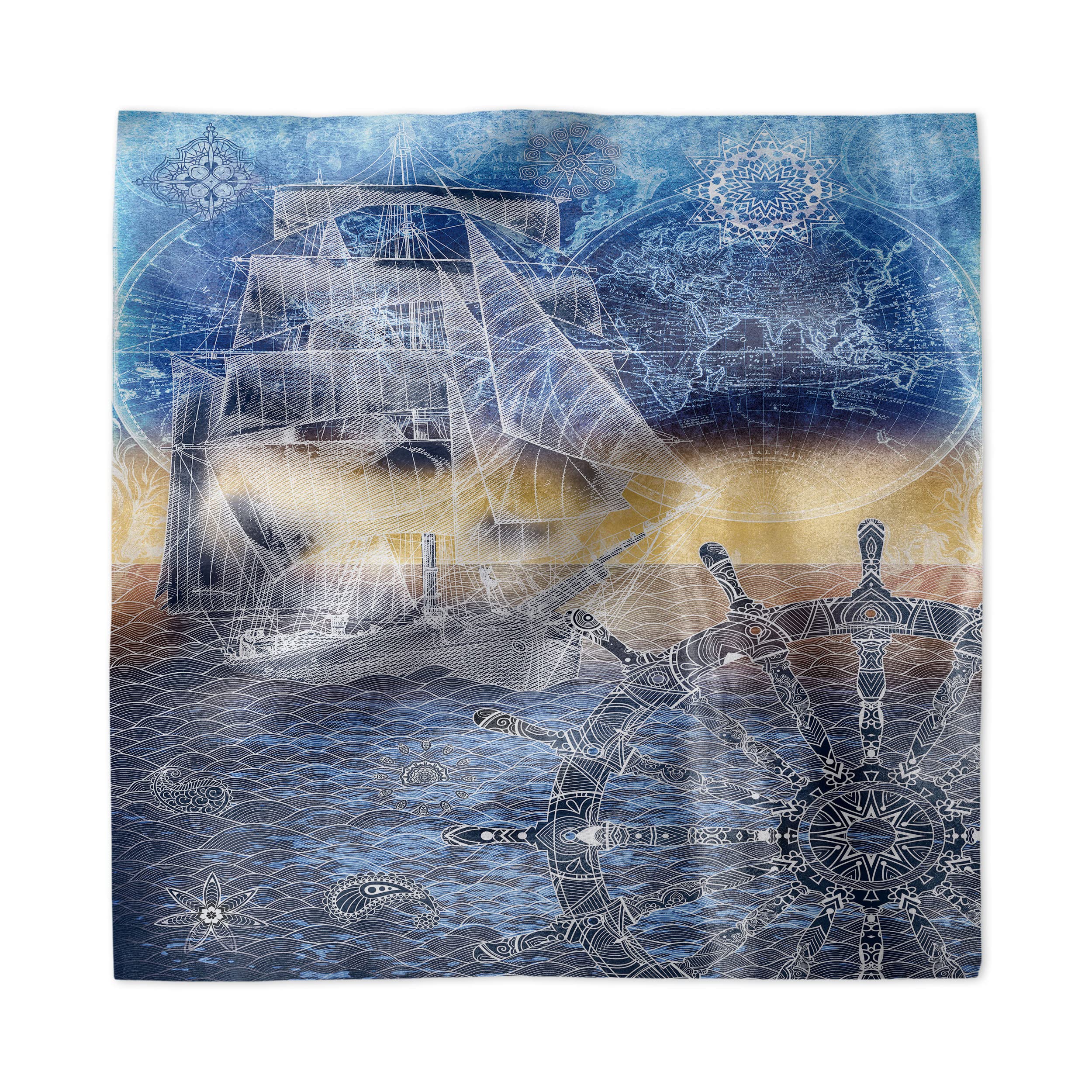 Ambesonne 4-Piece Mandala Decorative Napkins Set - Nautical Explorer Ship, World Map & Steering Wheel Design - Premium Silky Satin Fabric - 18 Inch Blue Dinner Napkins for Brunch, Buffet, Party & Home Decor