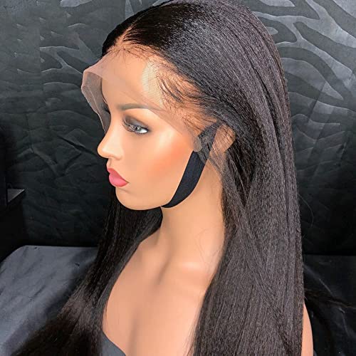 13x4 V-Part Lace Front Human Hair Wig - 150% Density Brazilian Kinky Straight Middle Part Wig with Italian Yaki Texture (22 Inches) - Perfect for Daily Wear, Cosplay & Special Occasions