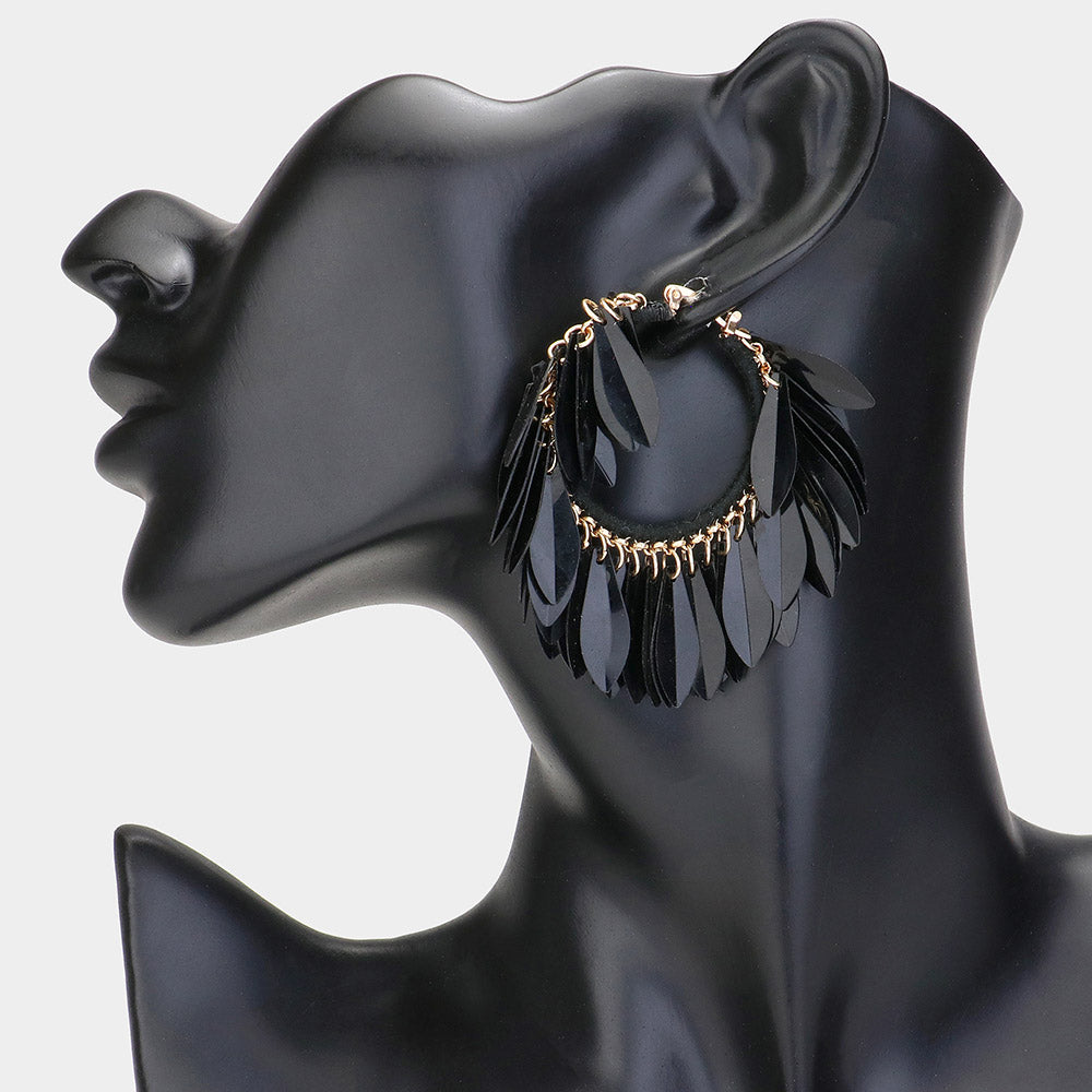 Black Sequin Fringe Hoop Earrings for Women - 2.5 Inch Fun Fashion Dangle Drop Earrings - Perfect for Parties, Concerts, and Night Out Events