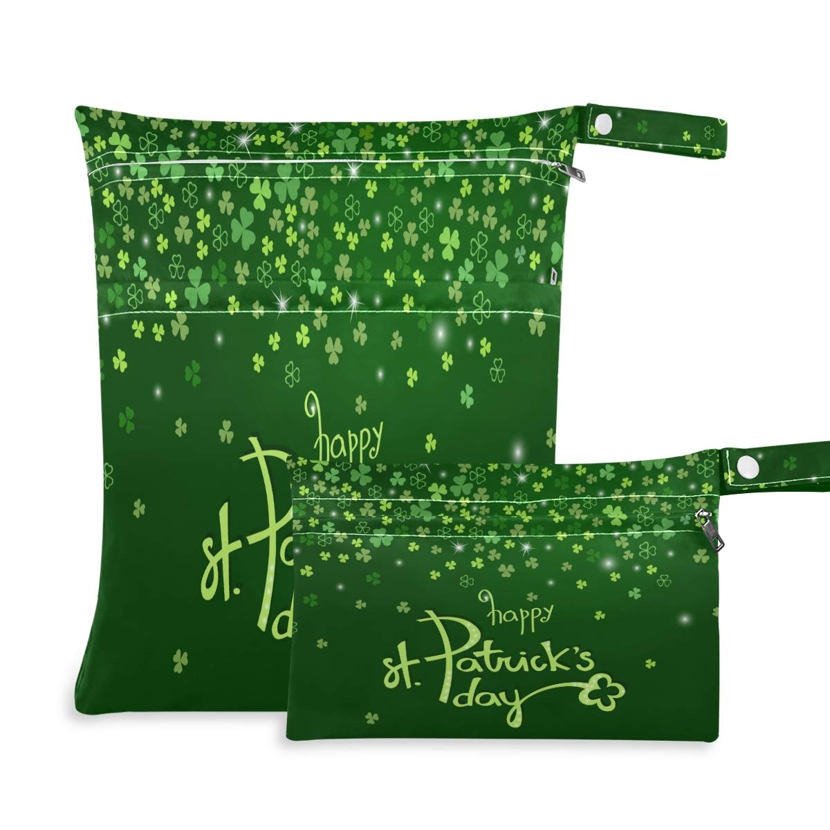 Qilmy St. Patrick's Day Clover Wet Dry Bags 2-Pack - Waterproof Reusable Organizer for Diapers, Swimwear, Bathing Suits, Toiletries & Toys - Perfect for Travel, Beach, Pool & Baby Care