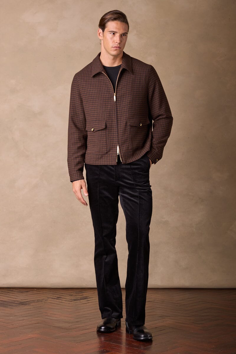 Stylish Black & Brown Gold Houndstooth Blouson Jacket for Women - Perfect for Office Wear, Casual Outings & Fall Fashion