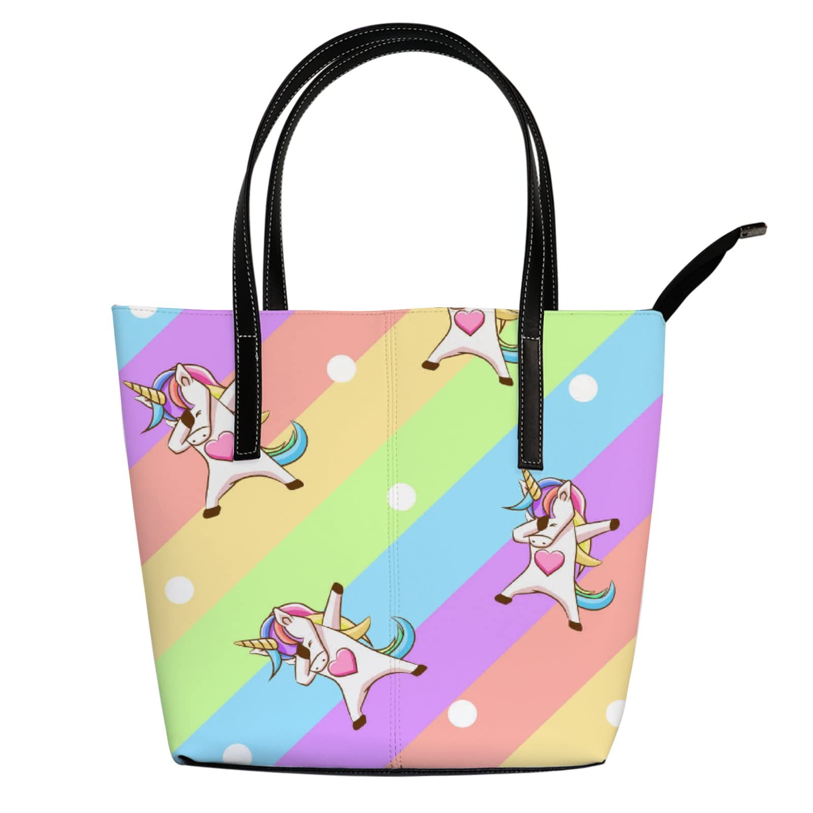 White Rainbow & Unicorn Leather Tote Bag for Women - Stylish Crossbody Work Bag with Zipper | Perfect for Office, Travel & Daily Use (Coach Style Handbag)