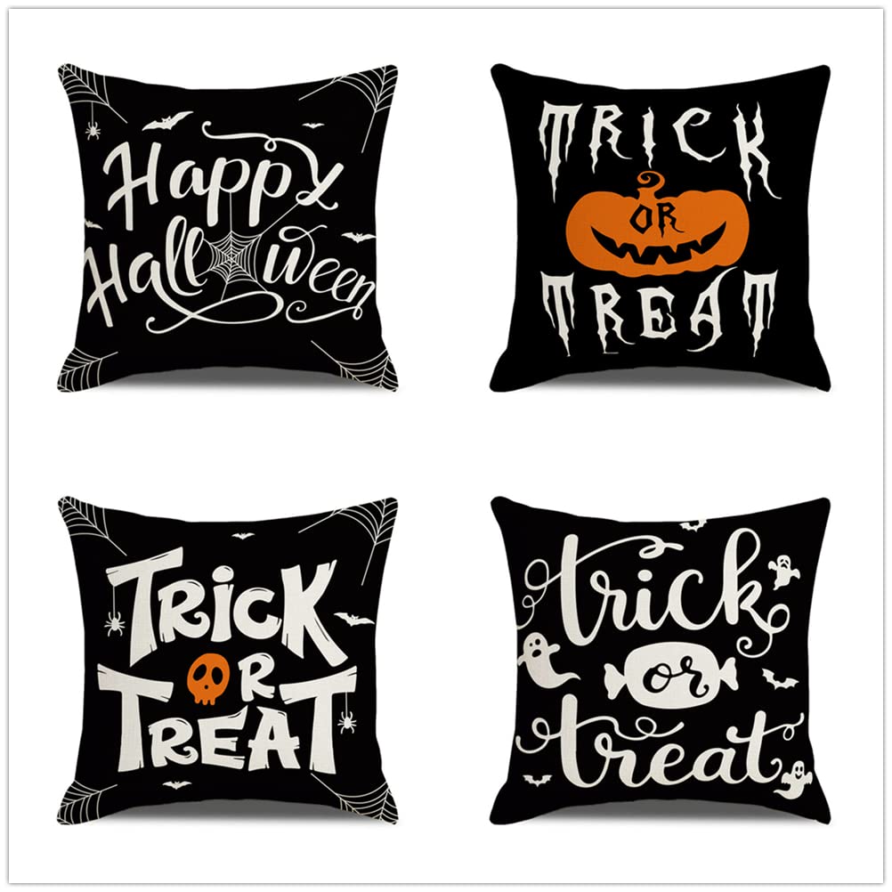 4 Pack 24x24 Inch Cotton Linen Throw Pillow Covers - Soft Decorative Square Cushion Cases with Zipper for Sofa, Couch, Living Room & Bedroom - Halloween Pumpkin Design for Fall & Home Decor