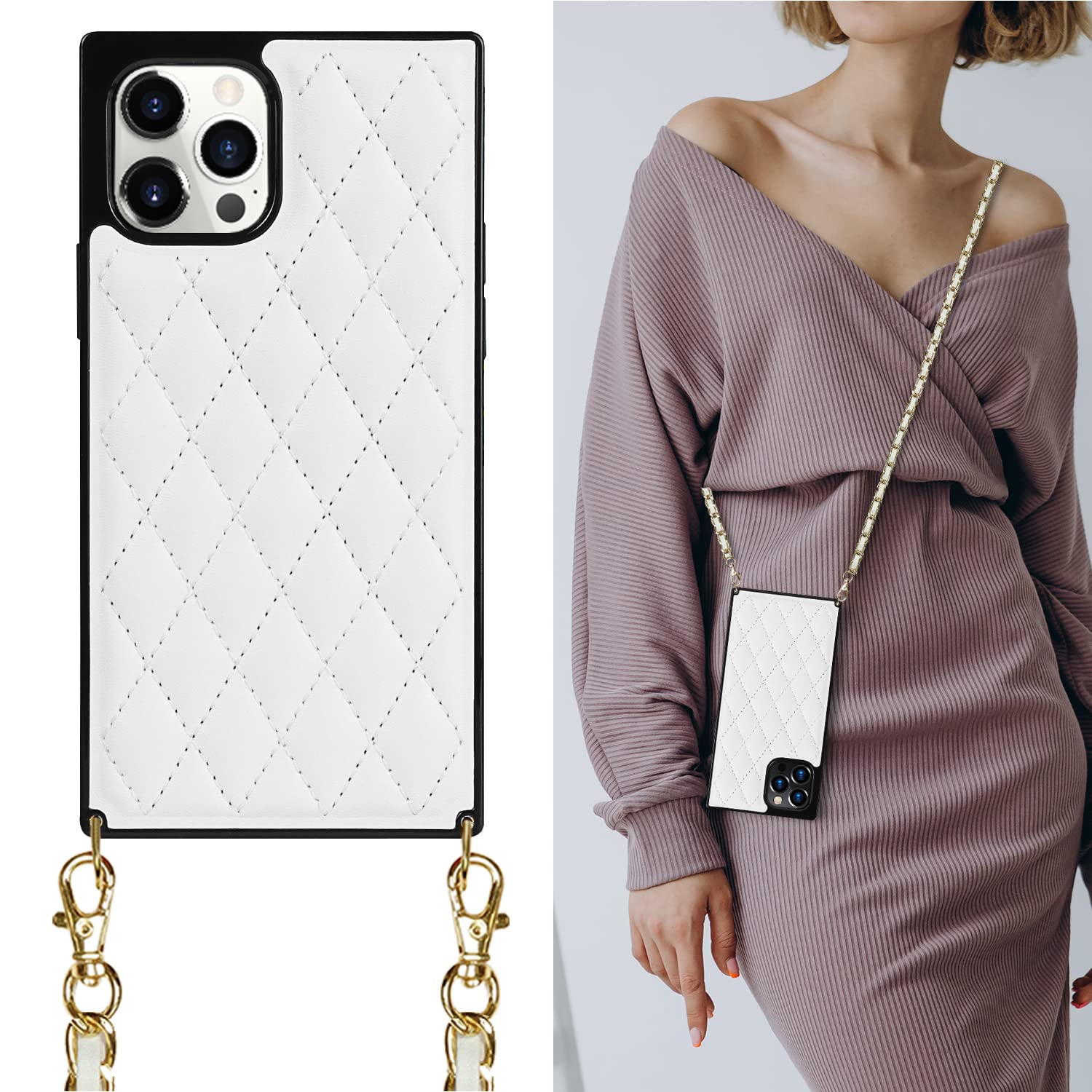 VAOXTY Luxury PU Leather iPhone 13 Pro Max Case with Crossbody Strap - Fashion Square Phone Cover for Women, Girls | Perfect for Daily Use, Travel & Shopping (White)