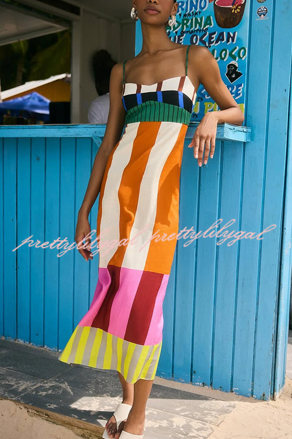 Stylish Beach Moment Linen Blend Color Block Maxi Dress for Women | Summer Vacation, Boho Chic Outfit, Seaside Getaway