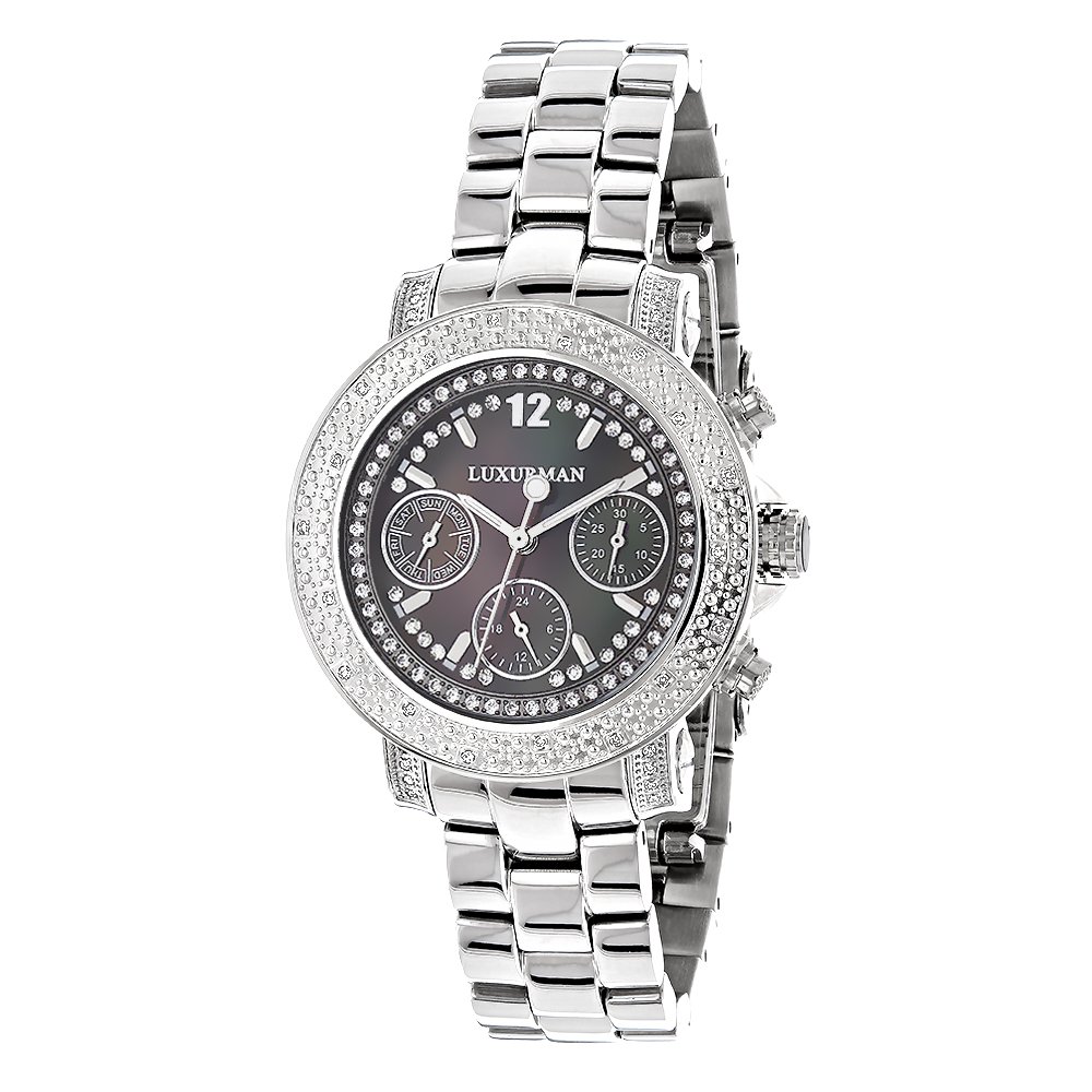 LUXURMAN Genuine Diamond Watch for Women - 0.3ct Black Mother of Pearl Dial | Luxury Dress Watch for Business, Parties & Special Occasions