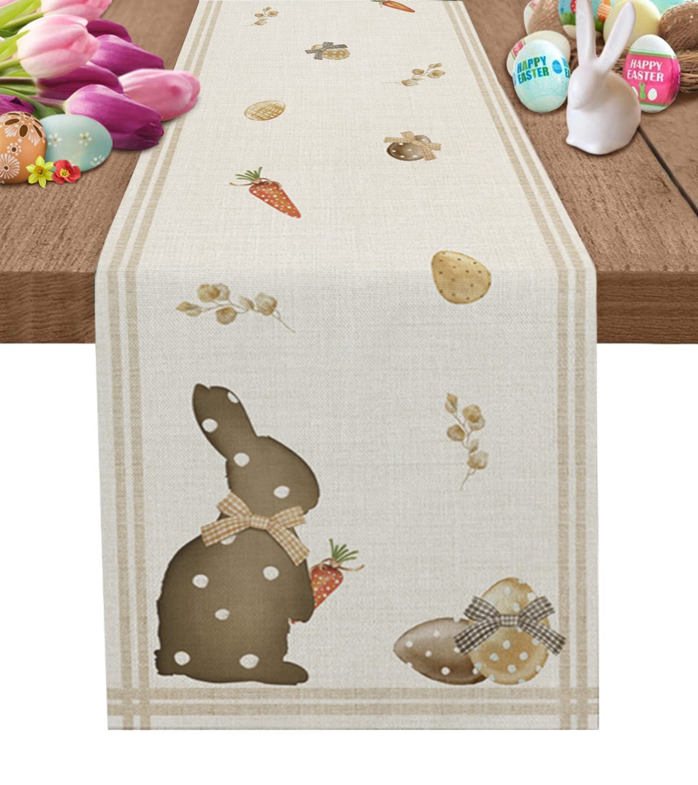 72 Inch Happy Easter Table Runner - Easter Bunny & Eggs Design, Retro Linen Texture Washable Dining Table Decor for Kitchen, Coffee Table, Dresser - Perfect for Home Parties & Spring Celebrations (16x72 Inches)