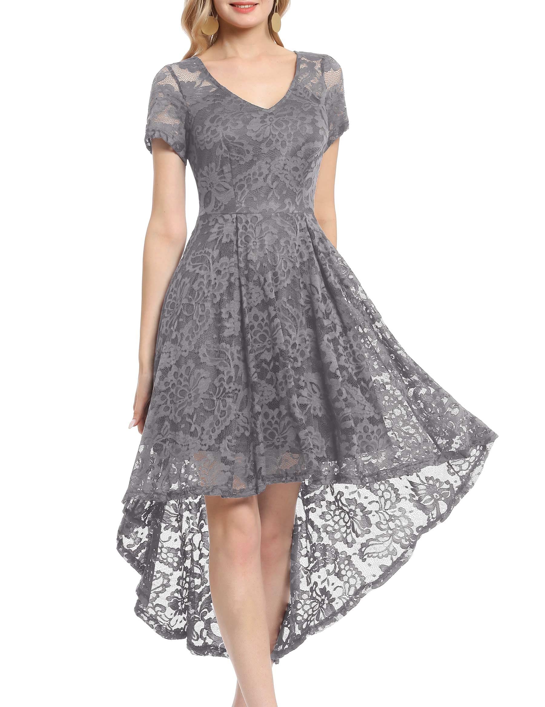 MUADRESS Women's Vintage Floral Lace Cocktail Dress - Elegant V-Neck Hi-Lo Hem Party Dress for Evening Events, Weddings & Special Occasions