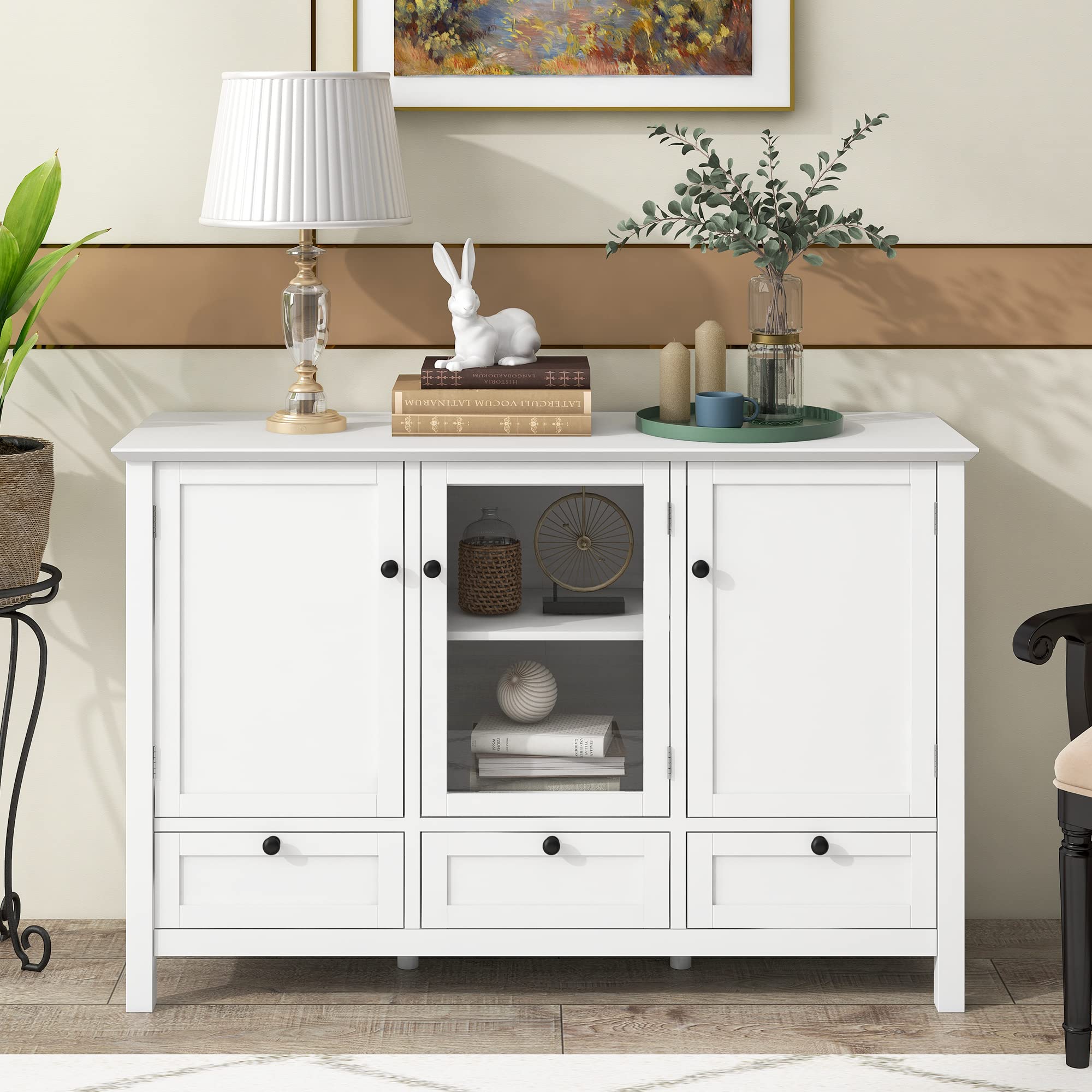 Buffet Sideboard Storage Cabinet with 2 Doors & 3 Drawers - White Accent Console Table for Living Room, Bedroom, Hallway, Kitchen & Entryway | Perfect for Home Organization & Stylish Storage Solutions