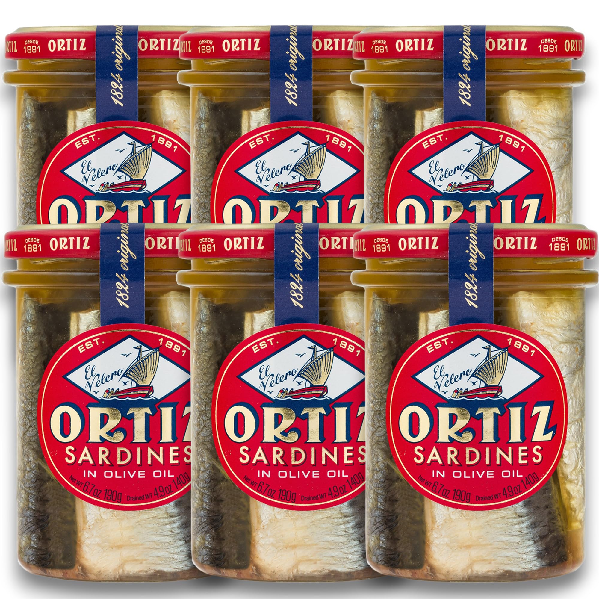 Premium Ortiz Sardines A la Antiqua 'Old Style' - Wild Caught in Spain, Hand-Packed in Extra Virgin Olive Oil - Moist & Tender Canned Fish for Salads, Sandwiches & Toast - 6.7oz Jar (Pack of 6) - Perfect for Picnics, Quick Lunches & Gourmet Appetizers