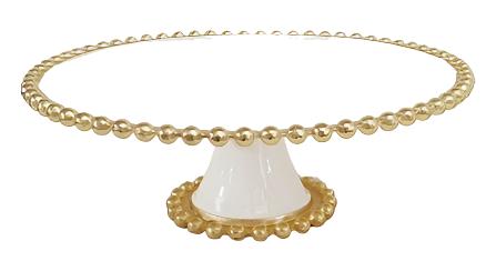 13x4.75 Inch Beaded Footed Round Plate in Gold and White - Elegant Serving Tray for Desserts, Appetizers, and Party Decorations