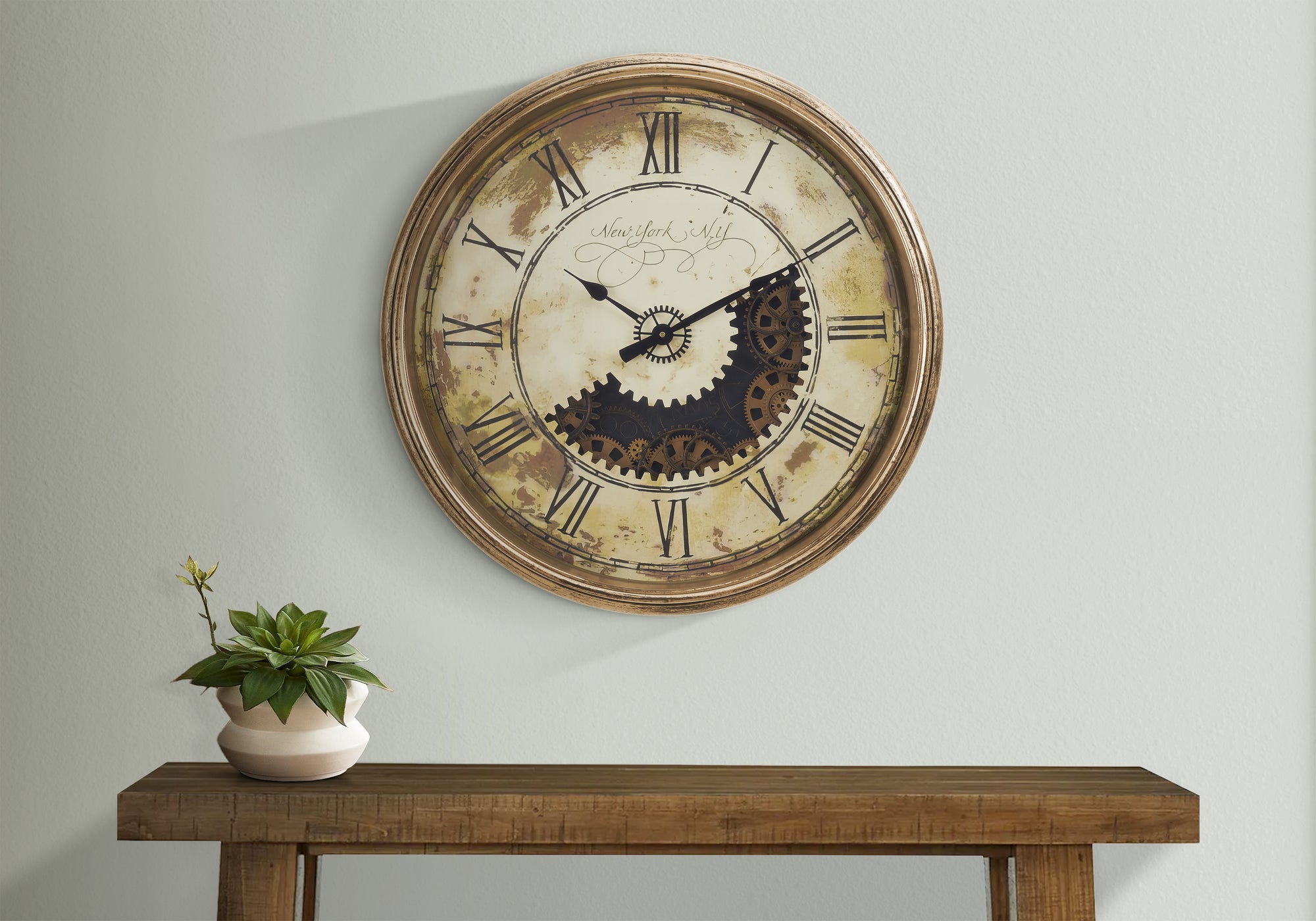 30 Inch Antique Gold Wall Clock with Gear Mechanism - Large Oversized Transitional Design for Living Room, Bedroom & Office Decor