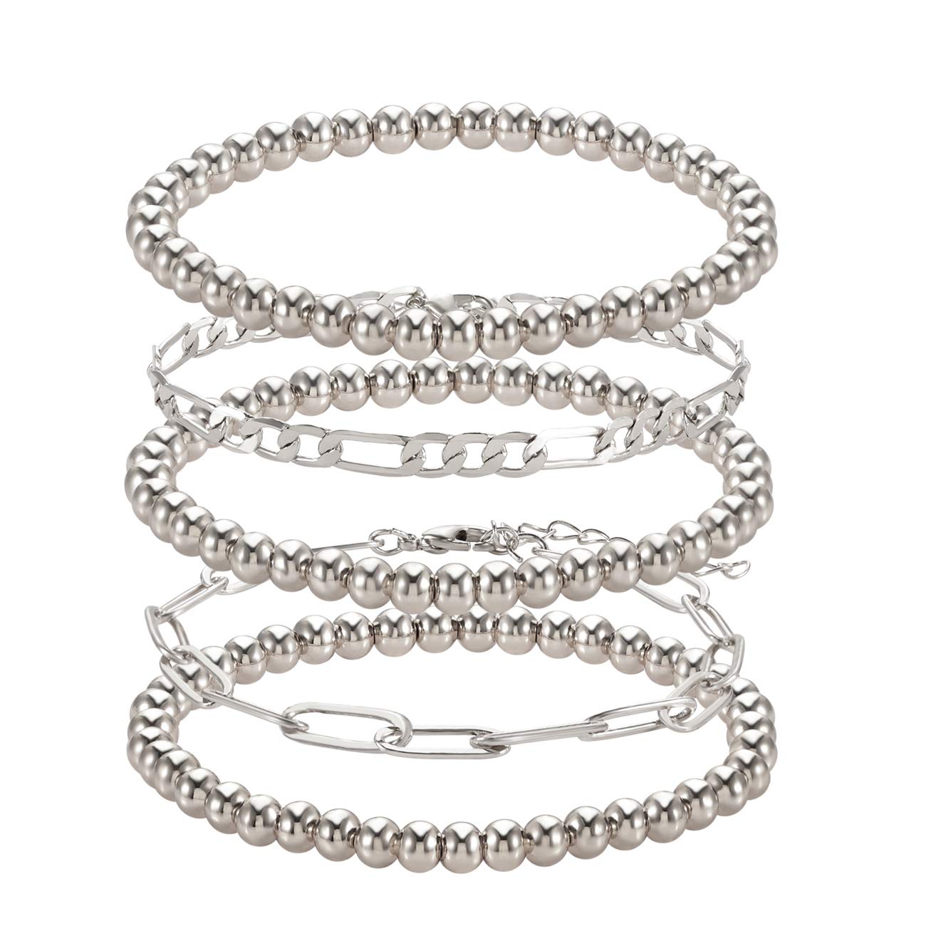 Stylish Beaded Stretch Bracelets for Women - Gold & Silver Small Ball Beads, Dainty Paperclip & Figaro Link Chain Bracelet Set - Perfect for Stacking, Anklets, and His & Her Jewelry - Ideal for Everyday Wear, Gifts, and Special Occasions