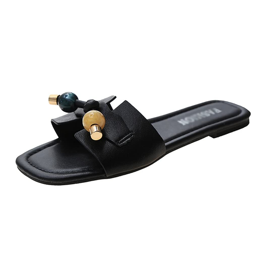 Women's Synthetic Leather Flat Slides - Square Toe Summer Sandals with Rubber Sole | Comfortable Casual Slippers for Vacation & Everyday Wear (Black, Size EUR 38) | Perfect for Beach, Poolside, and Indoor Lounging