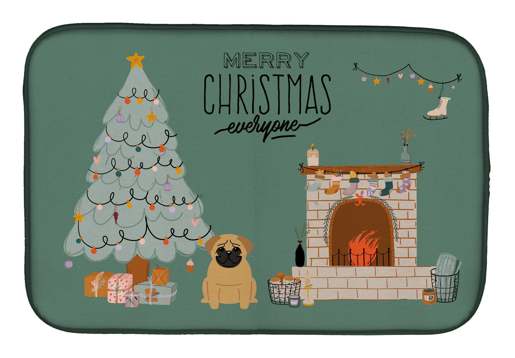 Brown Pug Christmas Dish Drying Mat - Absorbent Kitchen Counter Pad (14x21