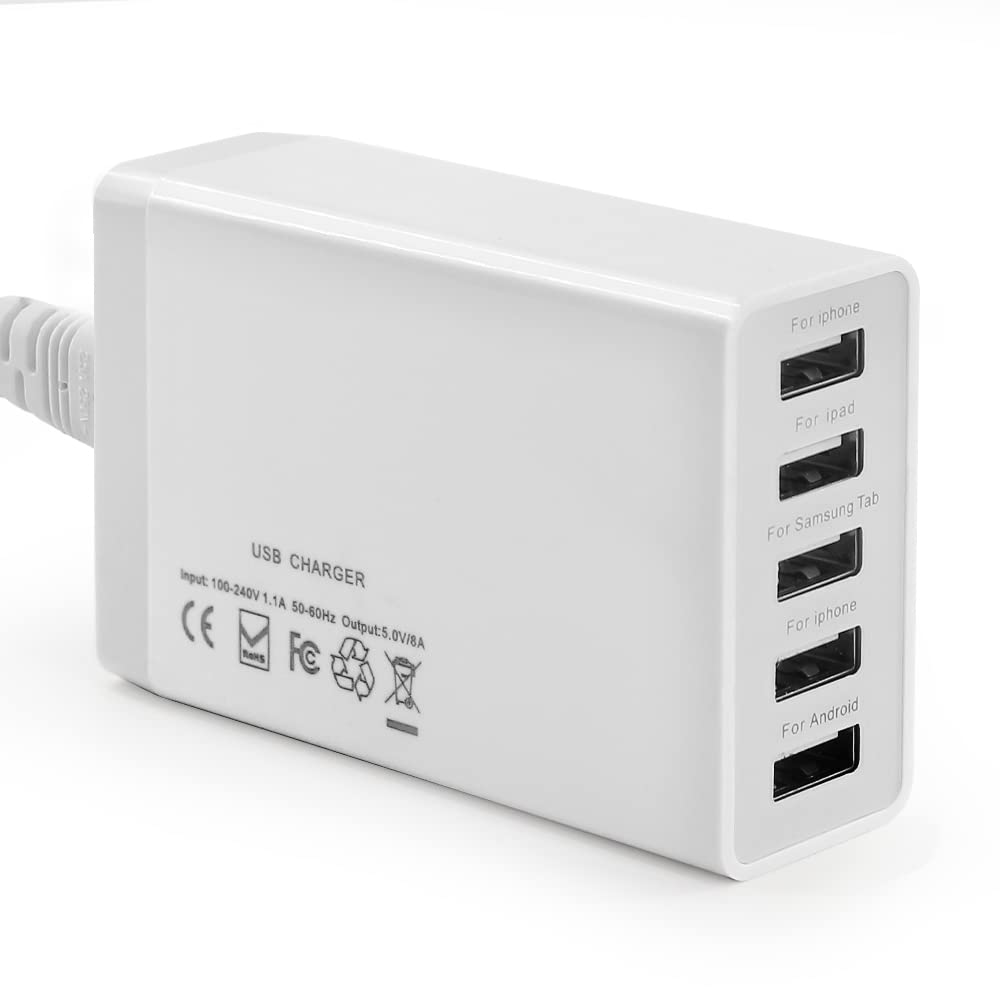 40W 8A 5-Port USB Wall Charger - Fast Multi-Device Charging Station for iPhone, Samsung, iPad, Tablet & More | Compact Travel Charger for Home, Office & Hotel Use