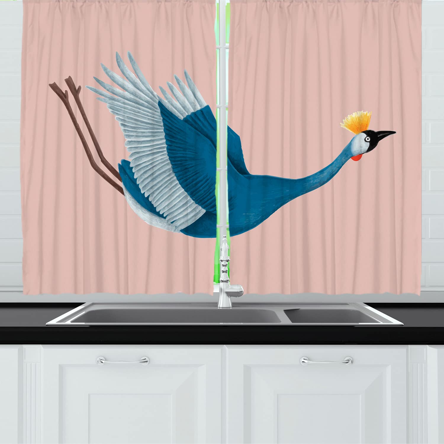 Ambesonne Japanese Pink Long Kitchen Curtains - Flying Crane Asian Cultural Animal Print Drapes, 55