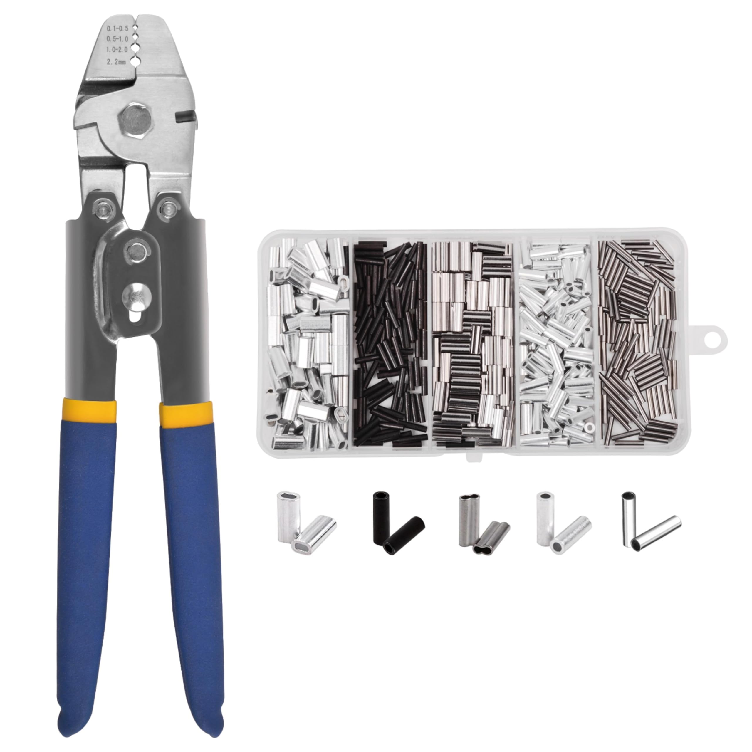 OROOTL Stainless Steel Fishing Crimping Tool Kit with 500pcs Crimp Sleeves - 4 Sizes for Fishing Line & Wire Rope - Perfect for Saltwater, Freshwater & DIY Fishing Gear Repair