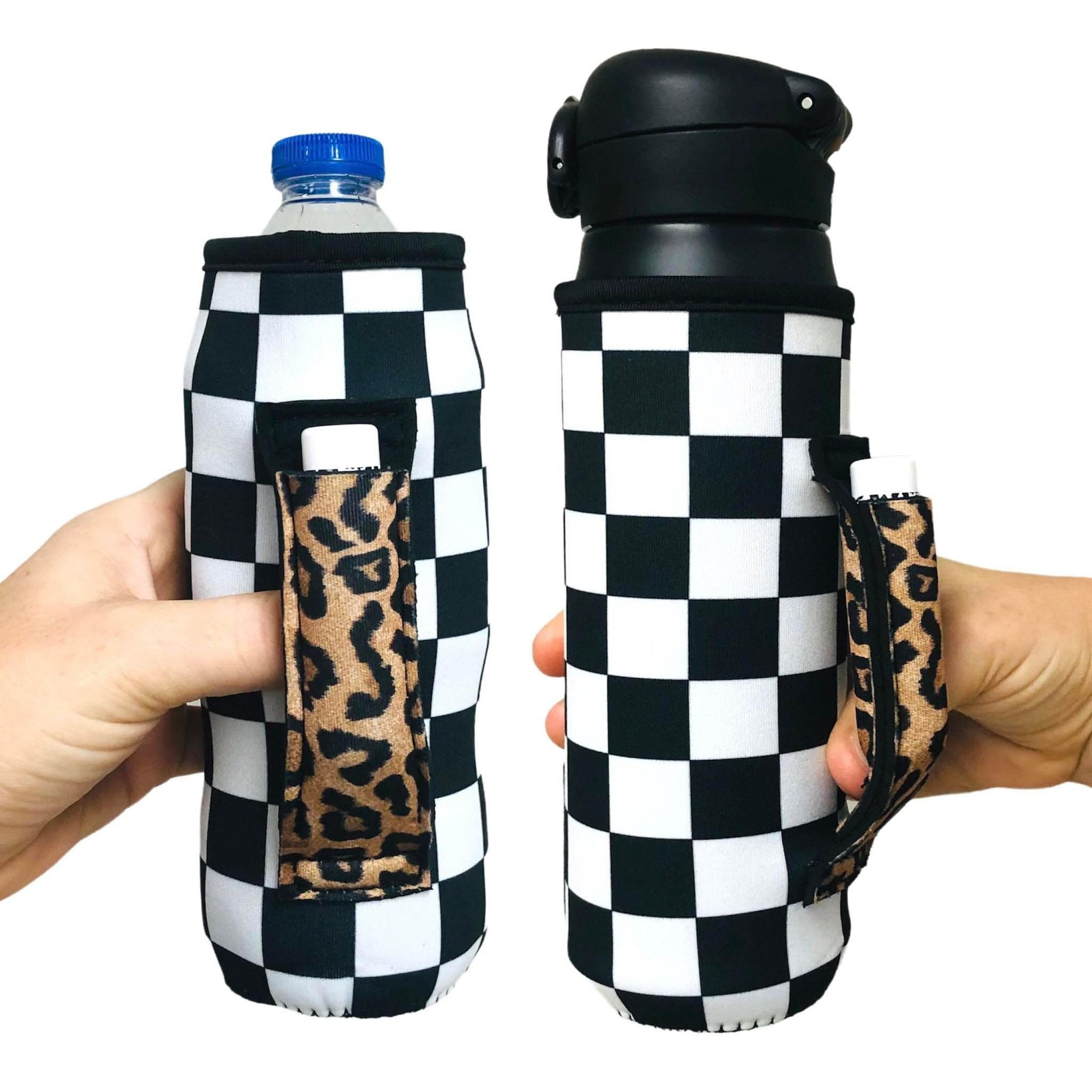 Neoprene Water Bottle Sleeve - Insulated 16oz & 24oz Can Holder for Walking, Running, Cycling | Water Resistant Drink Cover | Checkerboard & Leopard Design | Perfect for Gym, Hiking, Workouts, and Outdoor Activities