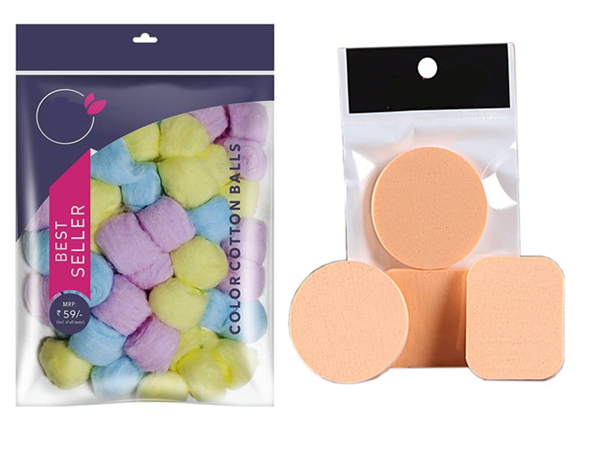 100pcs Multicolor Cotton Balls for Makeup Removal, Face Cleansing & Nail Polish - Premium Beauty Cotton Swabs with 2 Large Makeup Sponges - Perfect for Skincare, Makeup Application & Nail Art