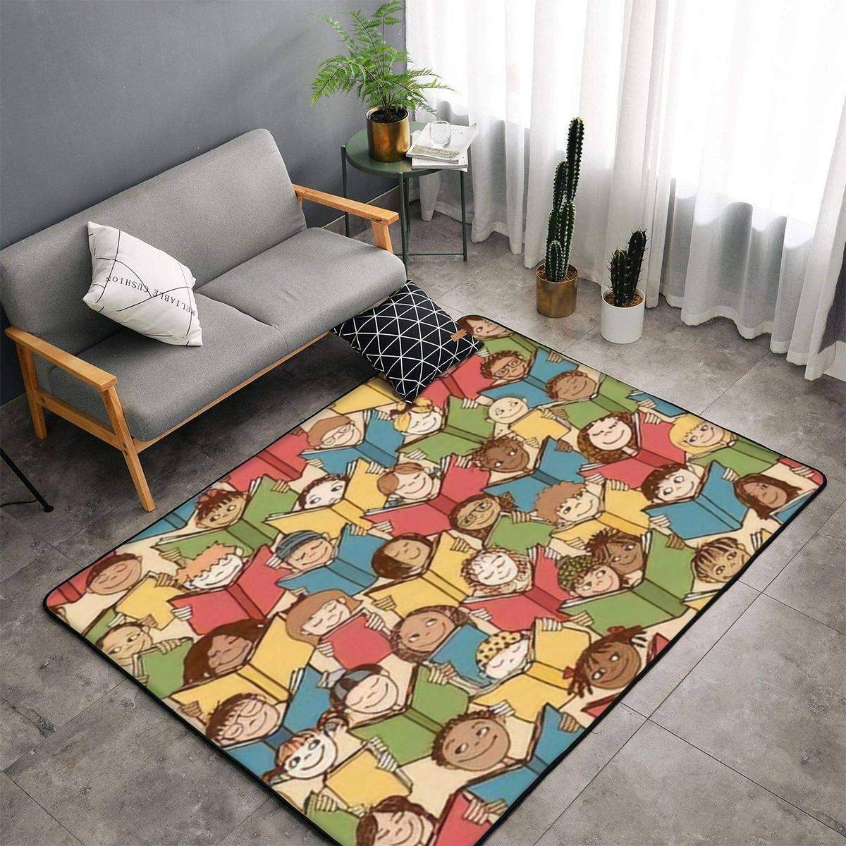 Non-Slip Kids Reading Book Pattern Area Rug - Soft Nursery Carpet for Classroom, Living Room & Playroom | Indoor/Outdoor Safe, Back to School Decor, Yoga Mat Alternative
