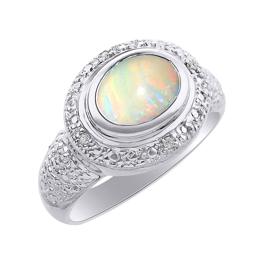 Diamond & Opal Sterling Silver Ring Set - Elegant Halo Engagement Ring with Birthstone Color Gemstone | Perfect for Weddings, Anniversaries & Gift Giving