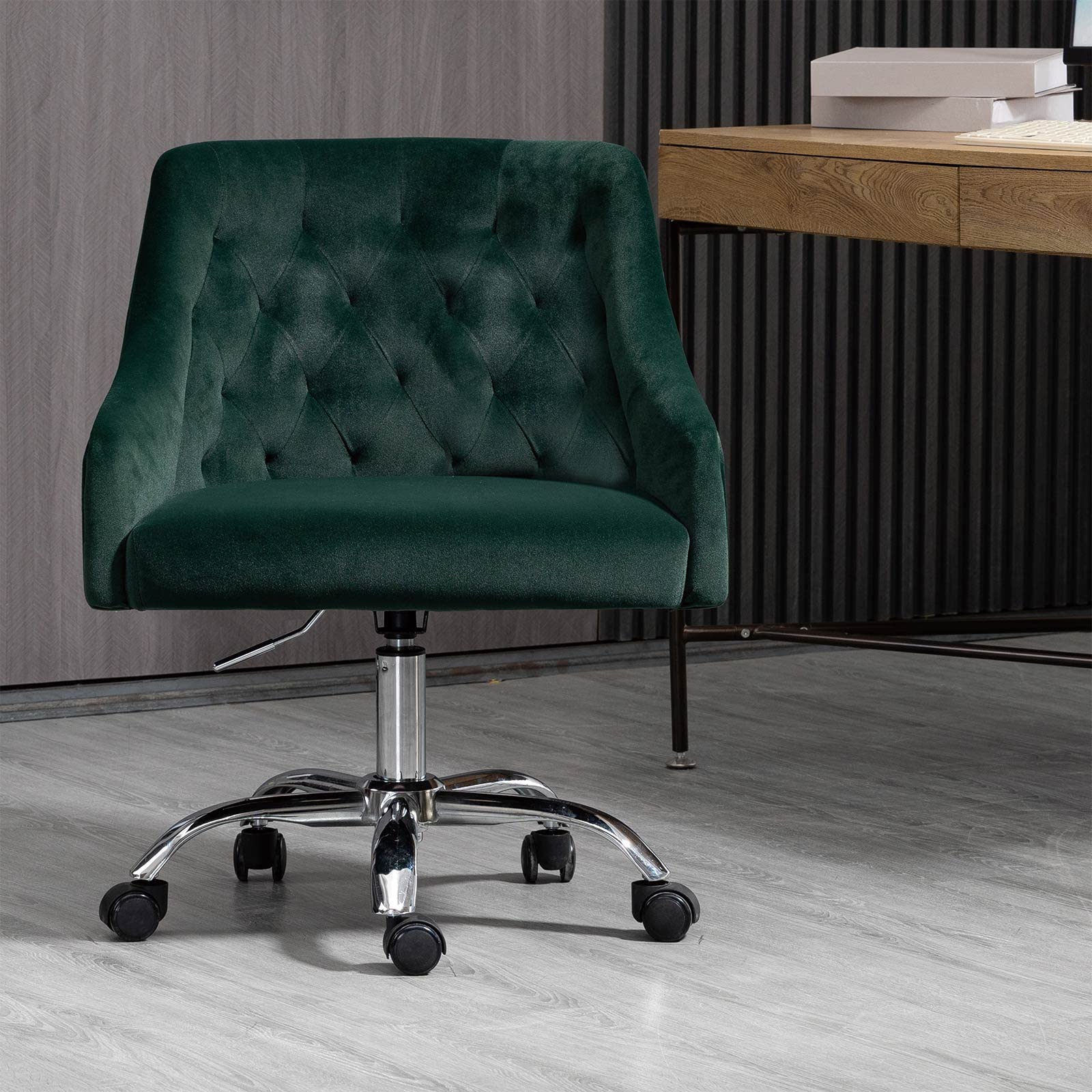 Premium Velvet Home Office Chair - 360° Swivel Adjustable Desk Chair with Arms, Modern Upholstered Task Chair for Office, Living Room & Bedroom - Ergonomic Support for Long Work Hours (Dark Green)