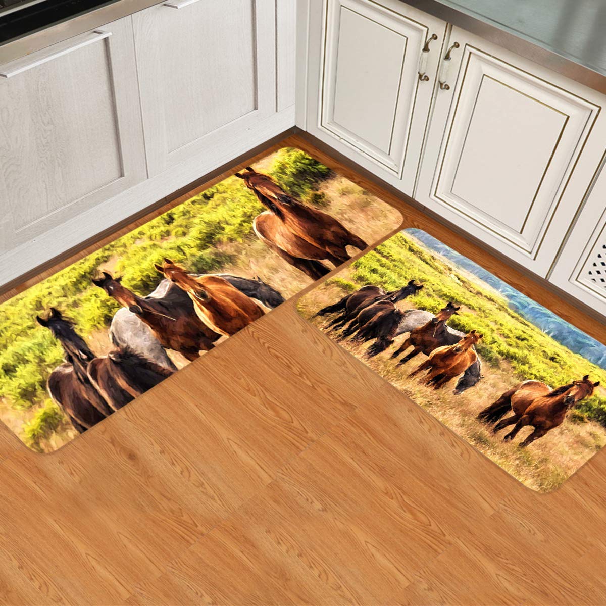 Non-Slip Washable Animal Oil Painting Kitchen Rugs and Mats - Anti-Fatigue Cushioned Set of 2, Waterproof Horses on Prairie Design - Perfect for Kitchens, Dining Areas, and Laundry Rooms