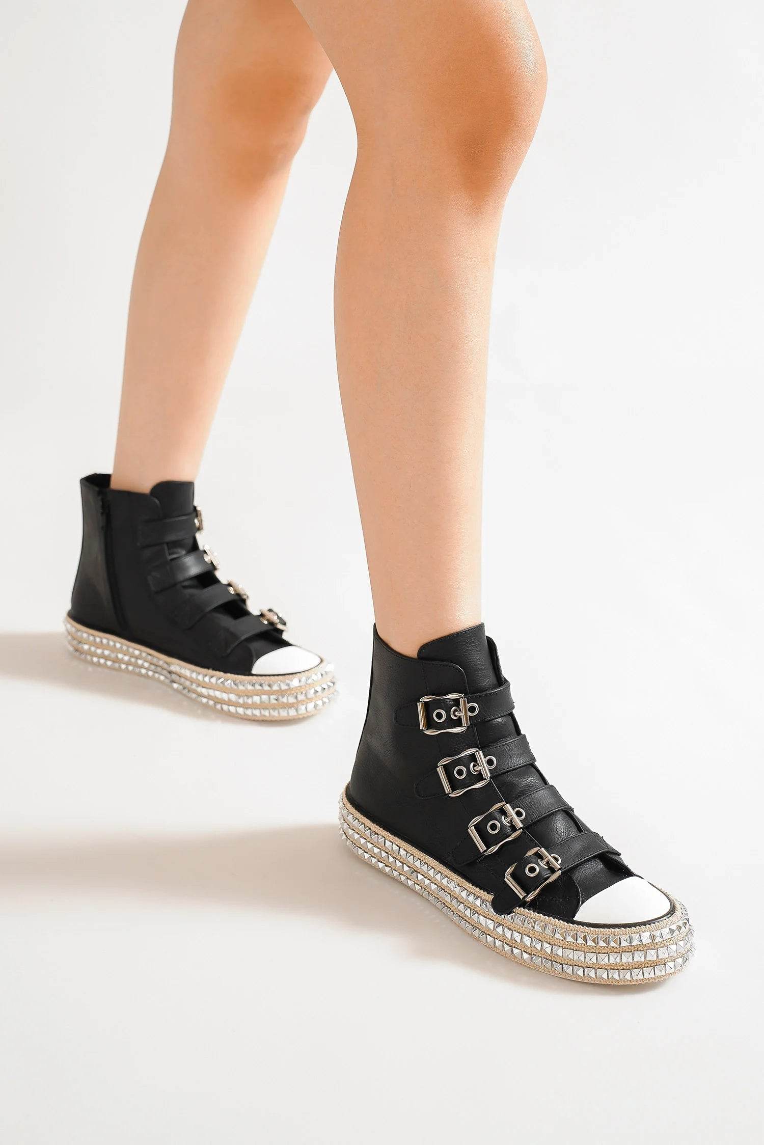 Beast Fashion Black Studded Multi-Buckle Straps Platform Sneakers for Women - Edgy Gothic Streetwear & Punk Fashion Shoes for Concerts, Parties & Night Out
