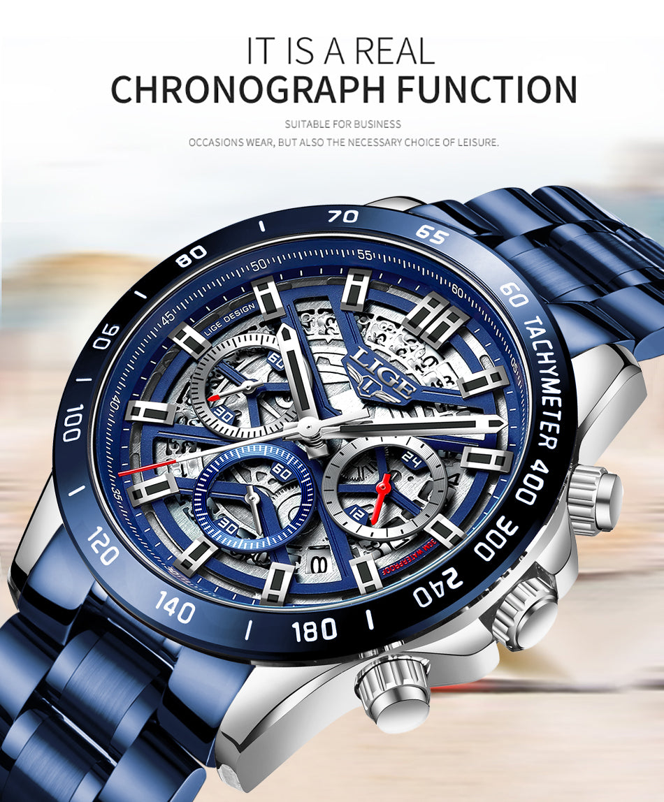LIGE Luxury Men's Stainless Steel Business Watch - Waterproof Chronograph Dress Watch for Office, Formal Events & Gifts