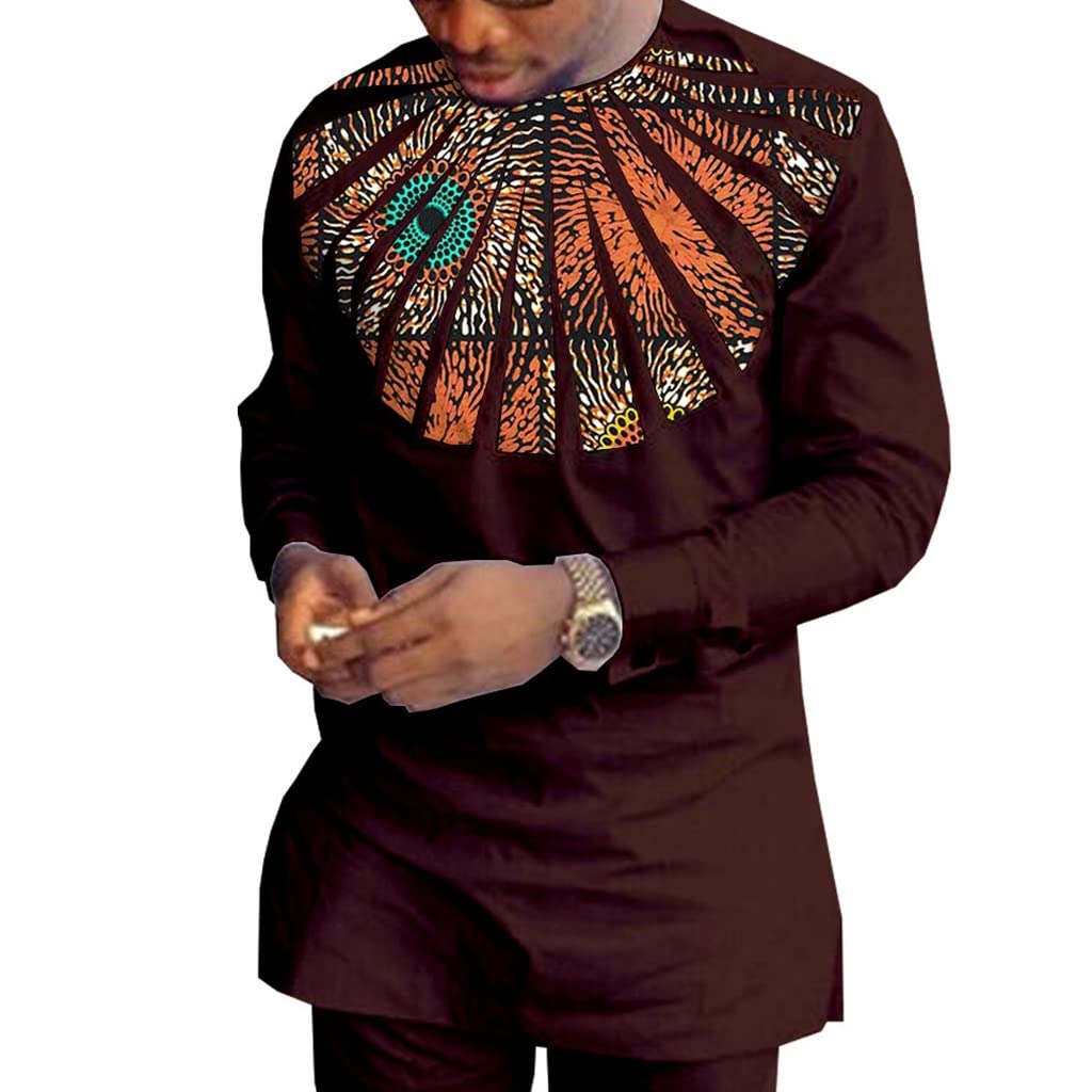 Men's 2-Piece African Print Outfit - Long Sleeve Shirt & Pants Set | 100% Cotton Traditional Ethnic Tracksuit | Sizes S-4XL | Perfect for Cultural Events, Weddings & Special Occasions