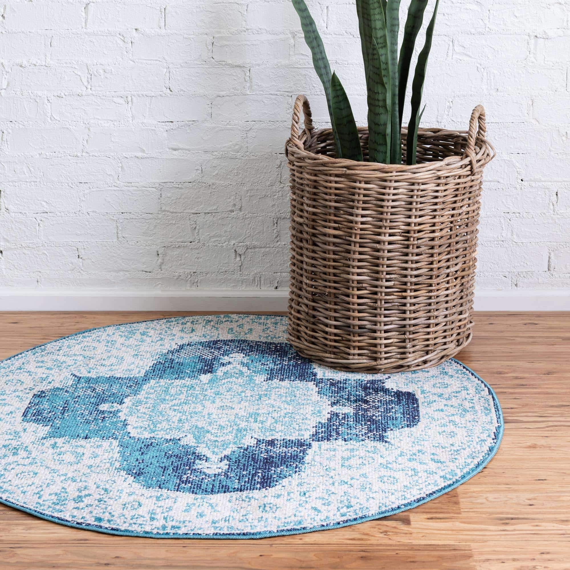 Unique Loom Charm Collection Distressed Bohemian Medallion Round Area Rug 7' x 7' Navy Blue/Ivory - Perfect for Living Room, Bedroom & Boho Home Decor