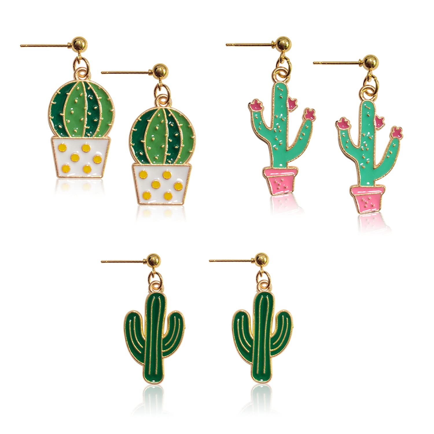 WUWEIJIAJIA 3 Pairs Handmade Lightweight Green Cactus Enamel Dangle Earrings for Women | Unique Funny Plant Stud Earrings Jewelry Set | Perfect for Boho Outfits, Summer Fashion & Gift Giving