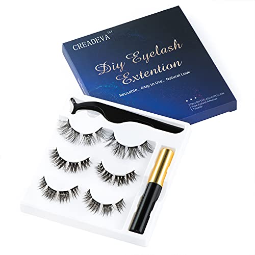 CREADEVA DIY Eyelash Extensions Kit - 24 Clusters, 3 Pairs of Natural Looking False Lashes (8/10/12mm) with Reusable Glue & Tweezer - Long Lasting, Lightweight for Everyday Glam or Special Occasions