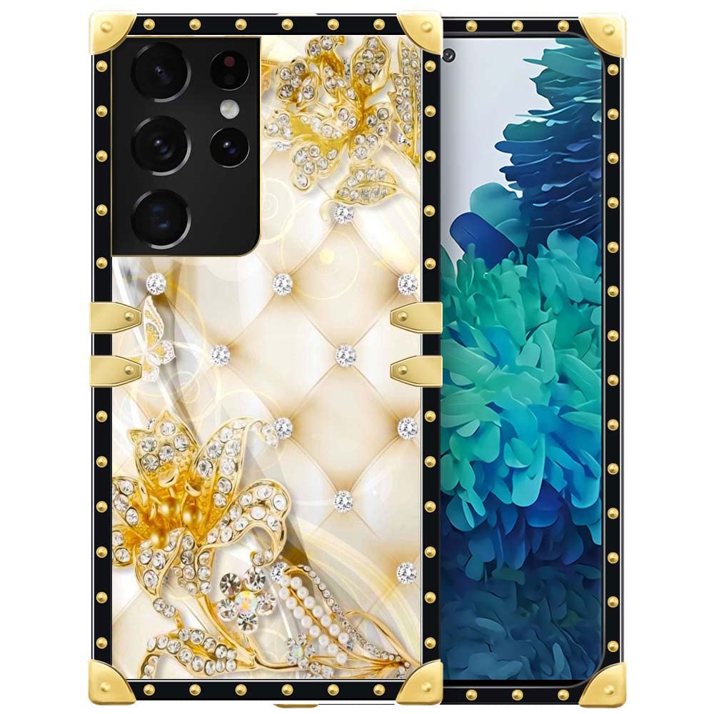 Luxury Diamond Gold Rose Samsung Galaxy S21 Ultra Case - Shockproof TPU & Hard PC Protective Cover with Golden Decoration | Perfect for Everyday Use, Travel & Special Occasions