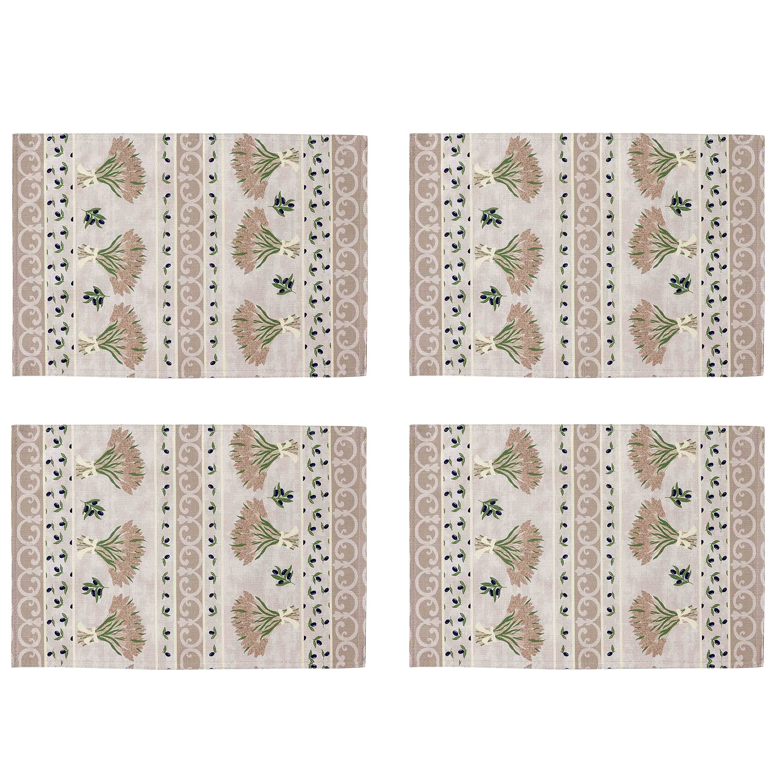 Rectangle Fabric Placemats Set of 4 - Wheat & Olive Print Stain Resistant Placemats for Dining Table - Indoor/Outdoor Waterproof Table Mats - French Country Provence Style Decor for Kitchen, Patio & Picnic