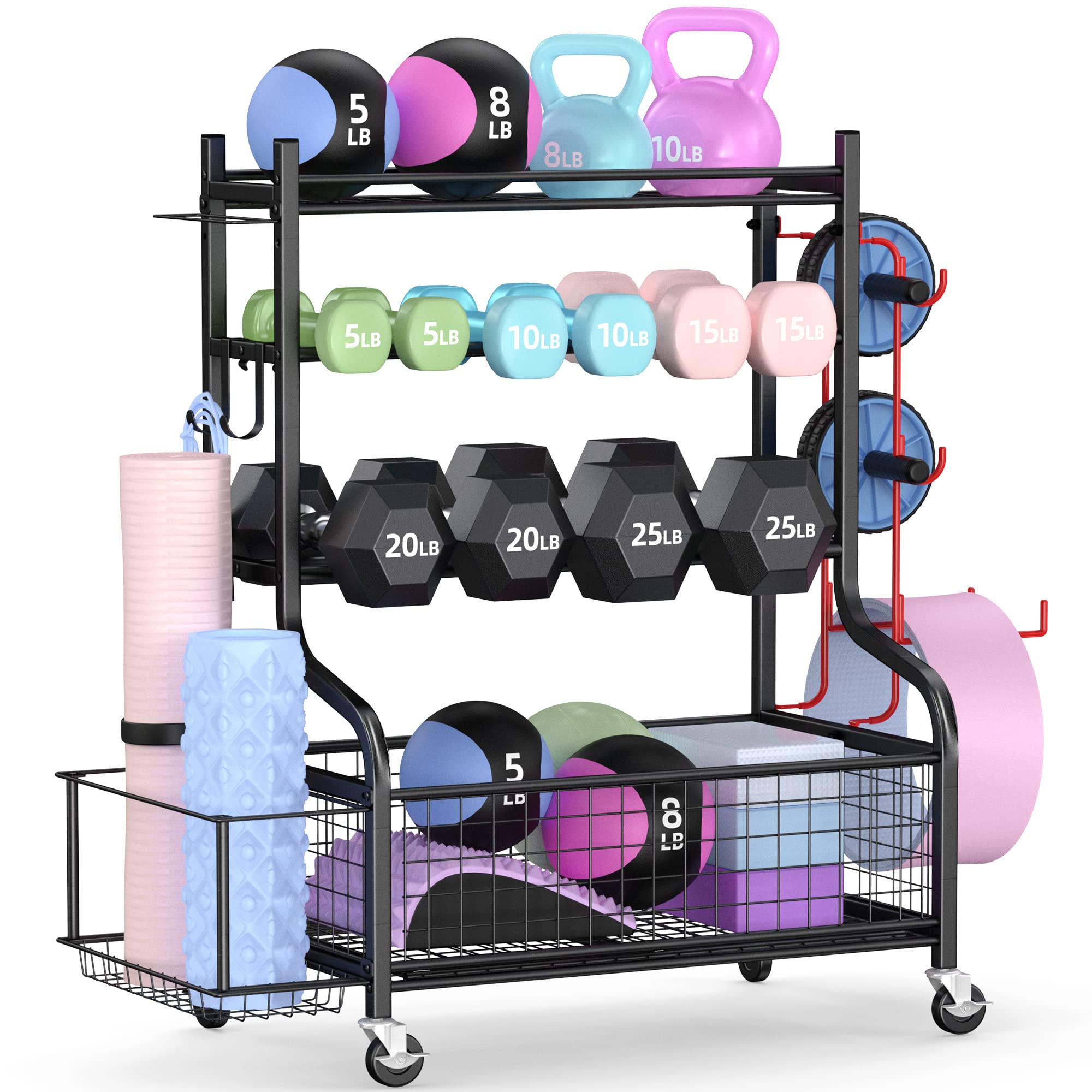 PLKOW All-in-One Dumbbell Rack with Wheels - Heavy Duty Home Gym Storage for Dumbbells, Kettlebells, Yoga Mats & Exercise Balls - Powder Coated Steel Weight Rack with Hooks - Perfect for Garage, Basement & Home Workout Spaces