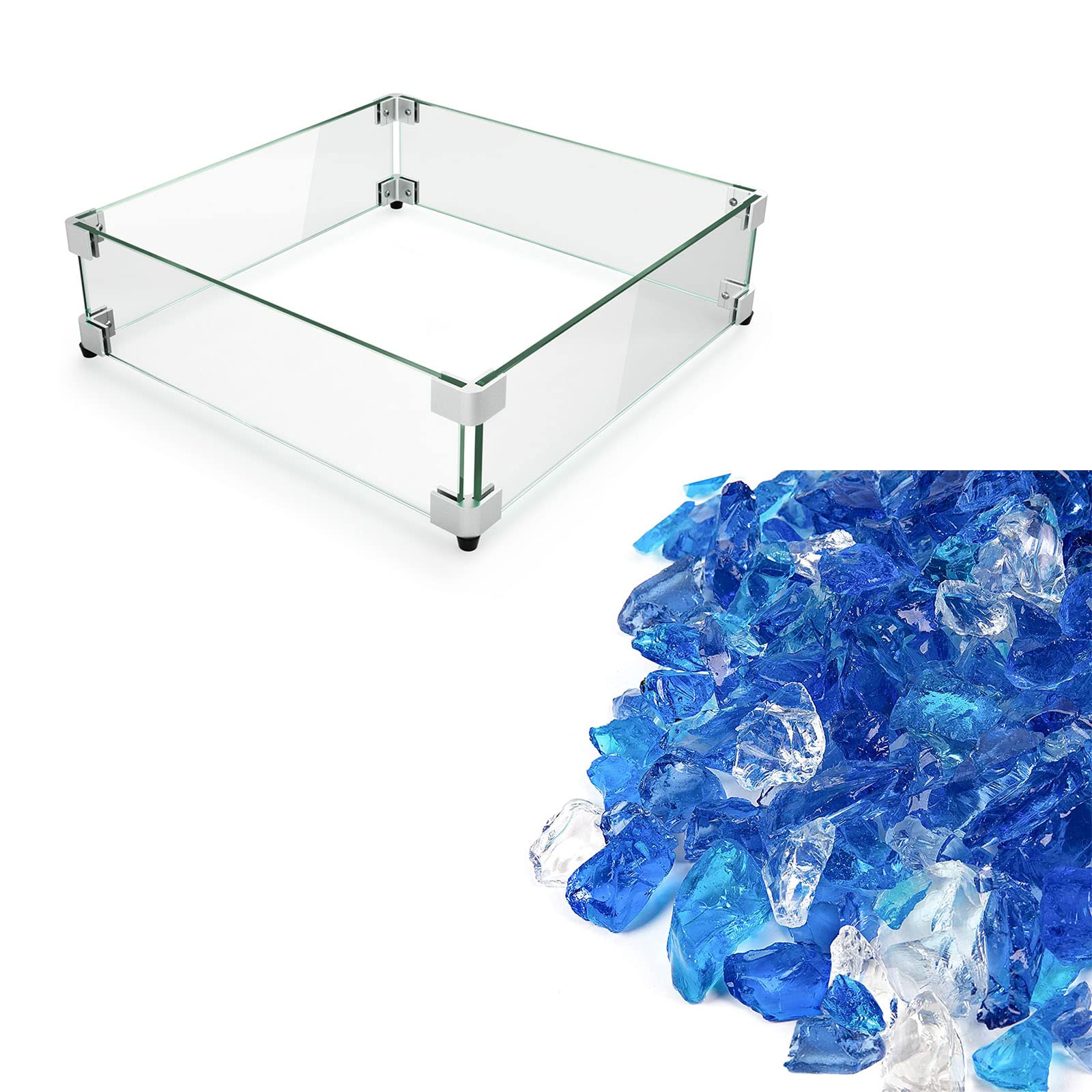 GASPRO 17.5 Inch Square Fire Pit Wind Guard with 10LB High Luster Bahama Blend Fire Glass - Outdoor Patio Fireplace Accessory for Backyard, Garden & Camping